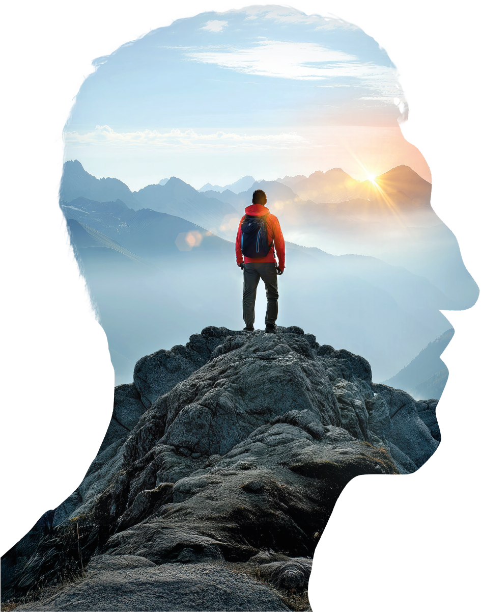 Head silhouette containing a mountain scene with a person standing on a rocky summit